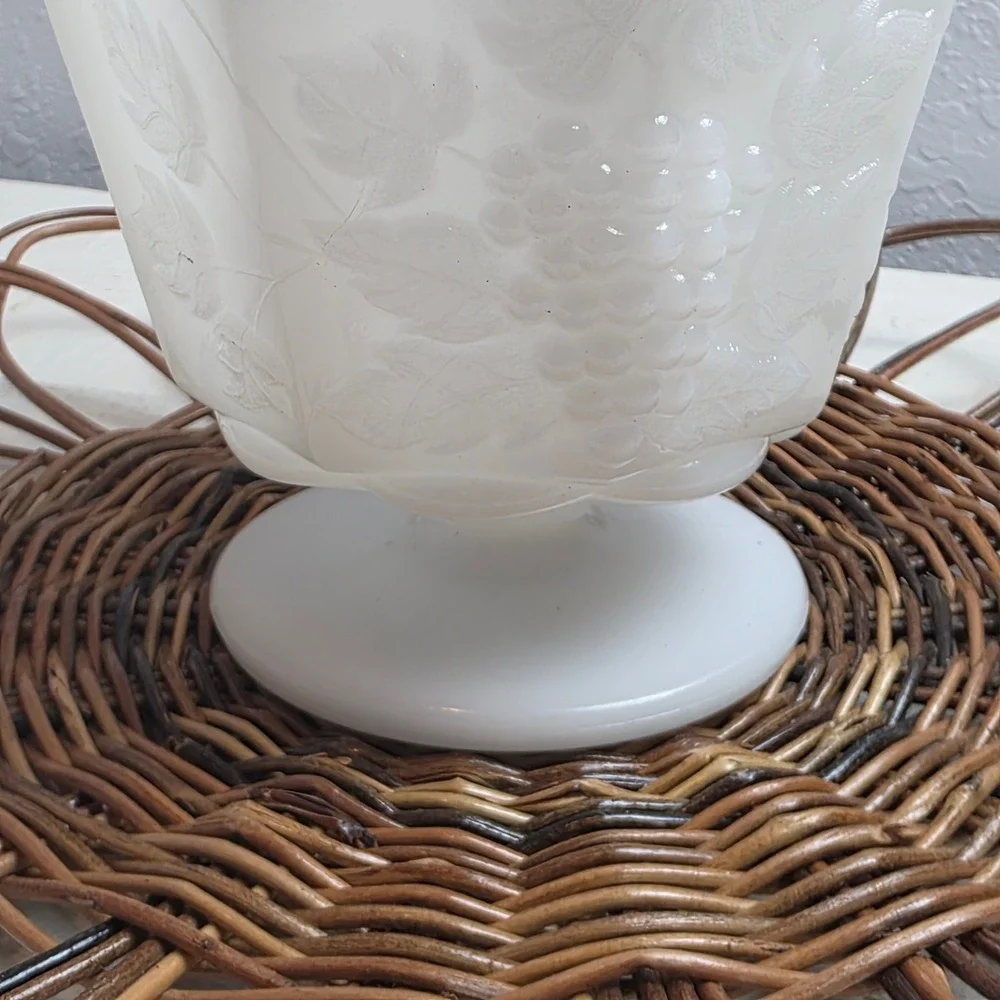 Vintage E.O. Brody Co White Milk‎ Glass Foot Planter Grape & Leaf Scalloped Rim